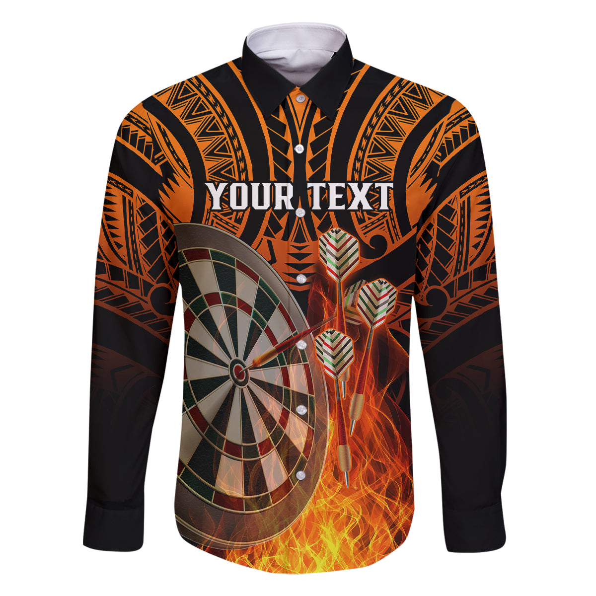 Personalised Polynesian Darts Family Matching Puletasi Dress and Hawaiian Shirt Fire Burning With Tribal Tattoo LT14 Dad's Shirt - Long Sleeve Orange - Polynesian Pride