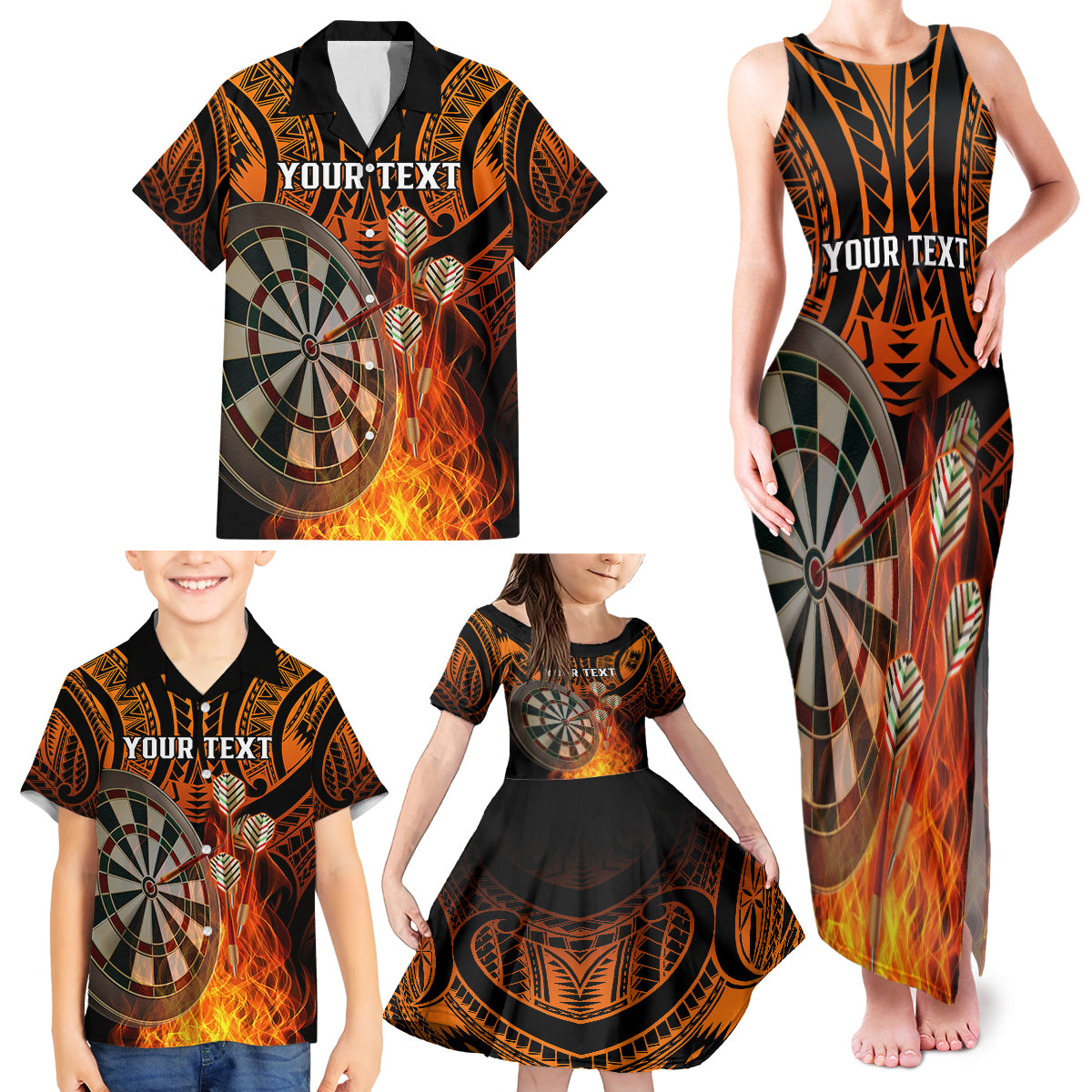 Personalised Polynesian Darts Family Matching Tank Maxi Dress and Hawaiian Shirt Fire Burning With Tribal Tattoo LT14 - Polynesian Pride