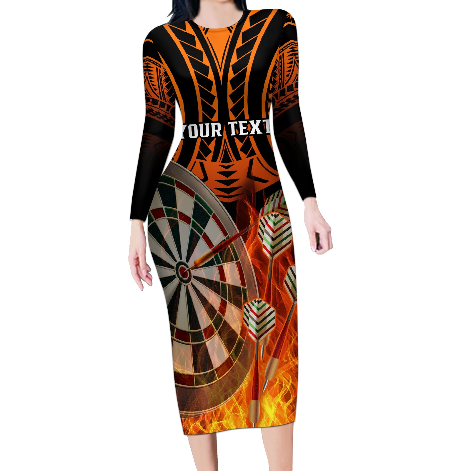 Personalised Polynesian Darts Long Sleeve Bodycon Dress Fire Burning With Tribal Tattoo LT14 Long Dress Orange - Polynesian Pride