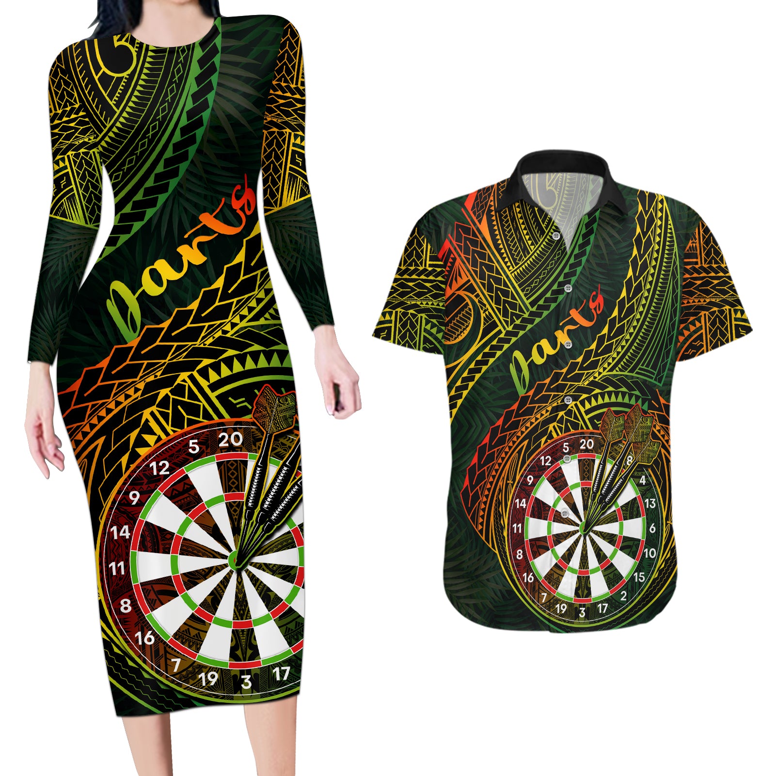 Personalised Polynesian Darts Couples Matching Long Sleeve Bodycon Dress and Hawaiian Shirt Dart Lovers Tribal Pattern Mix Tropical Leaves LT14 Reggae - Polynesian Pride