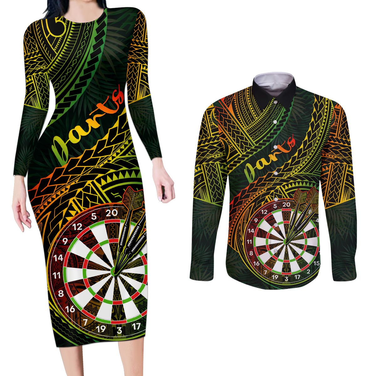 Personalised Polynesian Darts Couples Matching Long Sleeve Bodycon Dress and Long Sleeve Button Shirts Dart Lovers Tribal Pattern Mix Tropical Leaves LT14 Reggae - Polynesian Pride