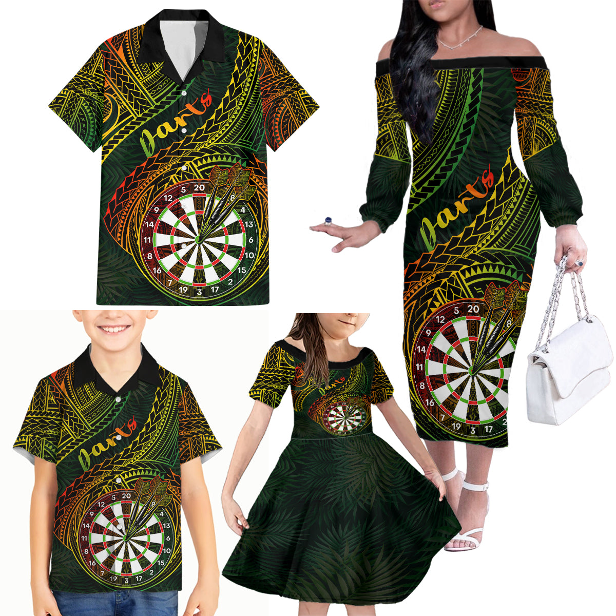 Personalised Polynesian Darts Family Matching Off Shoulder Long Sleeve Dress and Hawaiian Shirt Dart Lovers Tribal Pattern Mix Tropical Leaves LT14 - Polynesian Pride