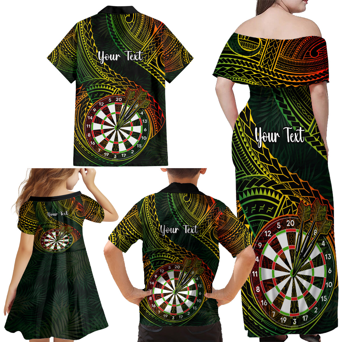 Personalised Polynesian Darts Family Matching Off Shoulder Long Sleeve Dress and Hawaiian Shirt Dart Lovers Tribal Pattern Mix Tropical Leaves LT14 - Polynesian Pride