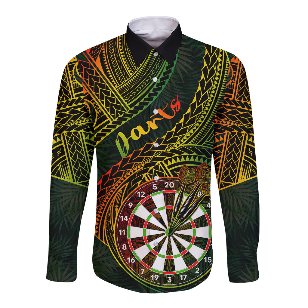 Personalised Polynesian Darts Long Sleeve Button Shirt Dart Lovers Tribal Pattern Mix Tropical Leaves LT14 Unisex Reggae - Polynesian Pride