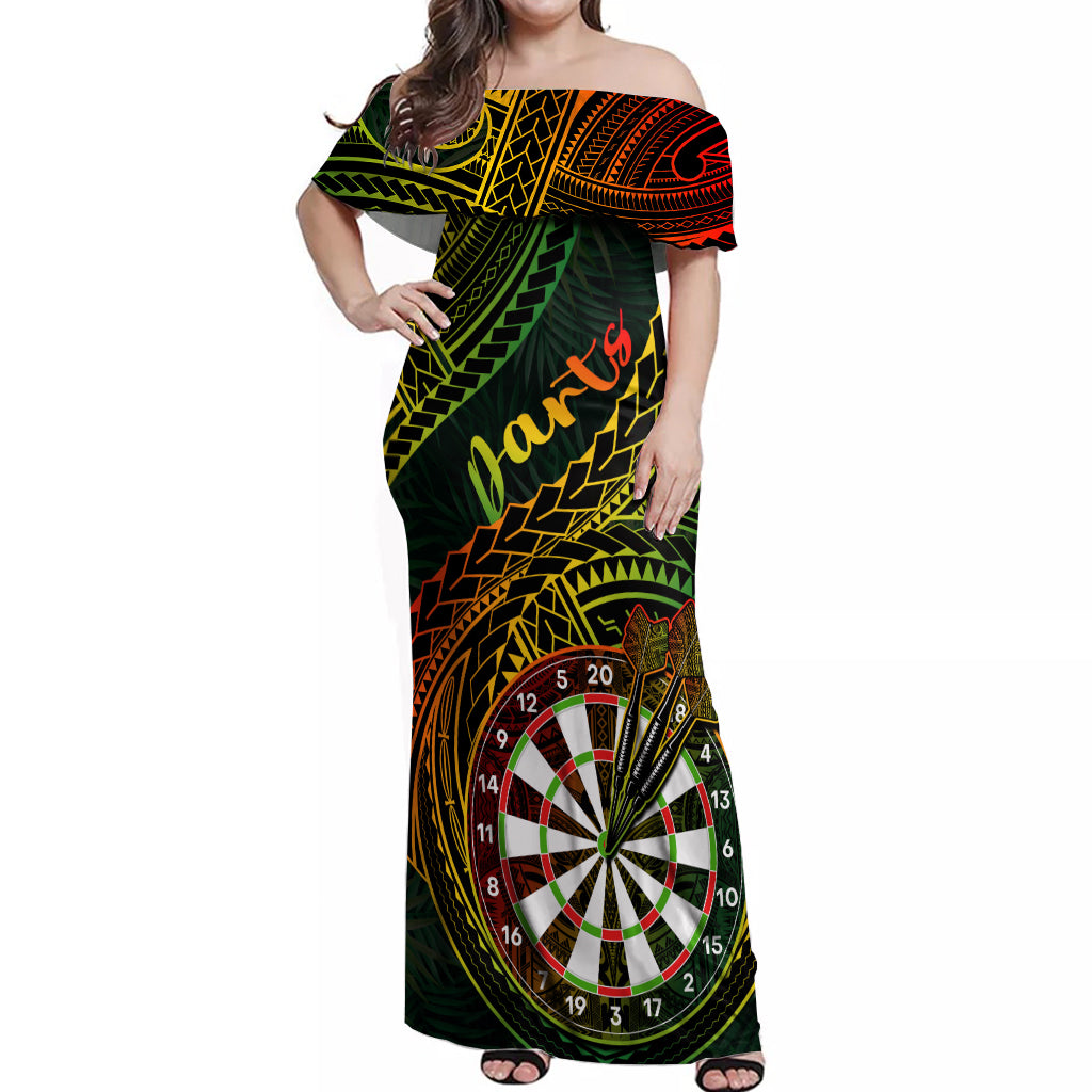 Personalised Polynesian Darts Off Shoulder Maxi Dress Dart Lovers Tribal Pattern Mix Tropical Leaves LT14 Women Reggae - Polynesian Pride