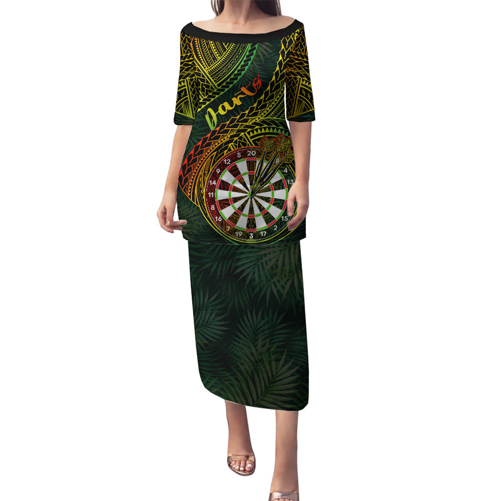 Personalised Polynesian Darts Puletasi Dart Lovers Tribal Pattern Mix Tropical Leaves LT14 Long Dress Reggae - Polynesian Pride