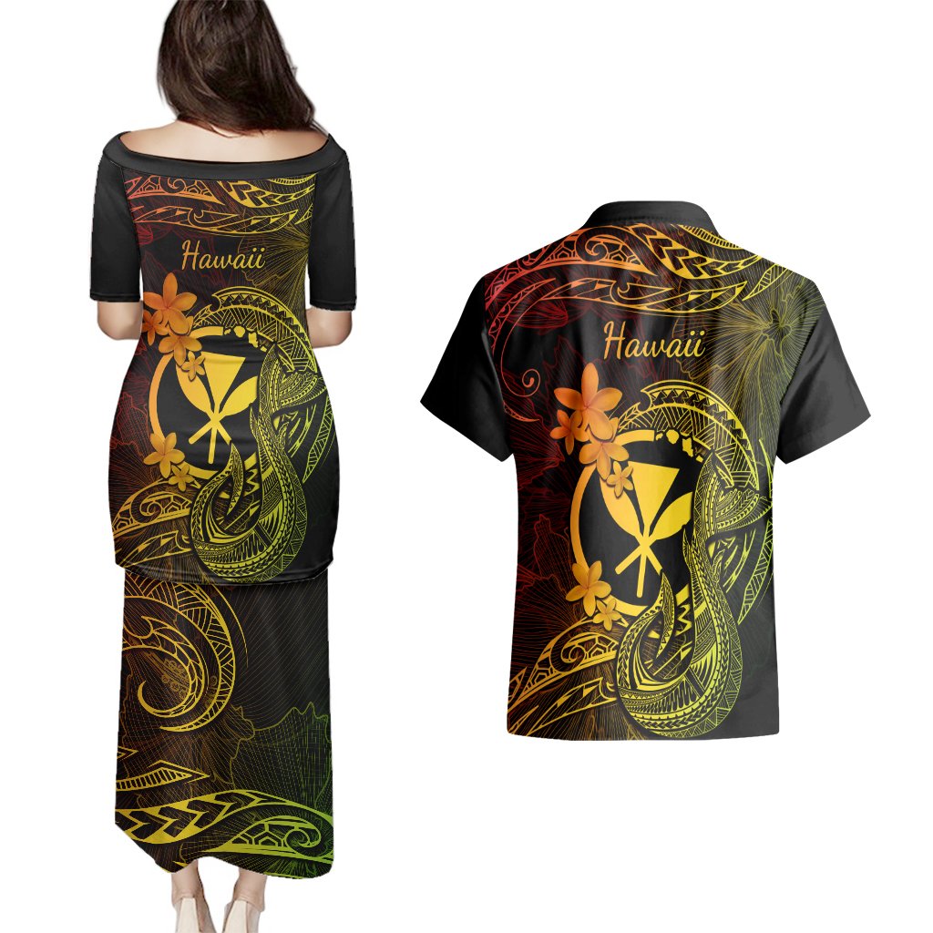 Hawaii Couples Matching Puletasi Dress and Hawaiian Shirt Fish Hook Tattoo Mix Polynesian Plumeria Reggae Version LT14 - Polynesian Pride