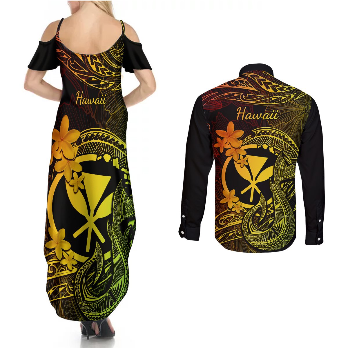 Hawaii Couples Matching Summer Maxi Dress and Long Sleeve Button Shirts Fish Hook Tattoo Mix Polynesian Plumeria Reggae Version LT14 - Polynesian Pride