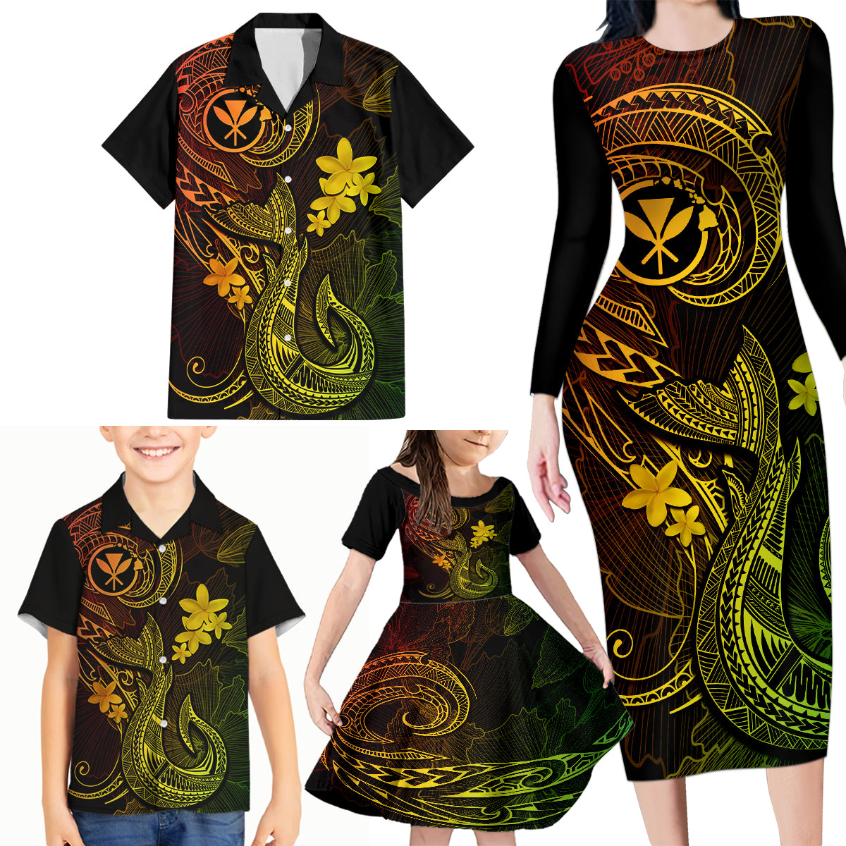 Hawaii Family Matching Long Sleeve Bodycon Dress and Hawaiian Shirt Fish Hook Tattoo Mix Polynesian Plumeria Reggae Version LT14 - Polynesian Pride