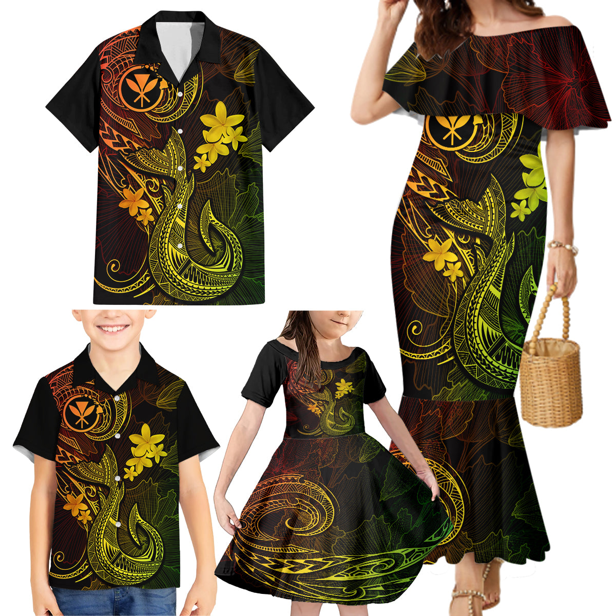 Hawaii Family Matching Mermaid Dress and Hawaiian Shirt Fish Hook Tattoo Mix Polynesian Plumeria Reggae Version LT14 - Polynesian Pride