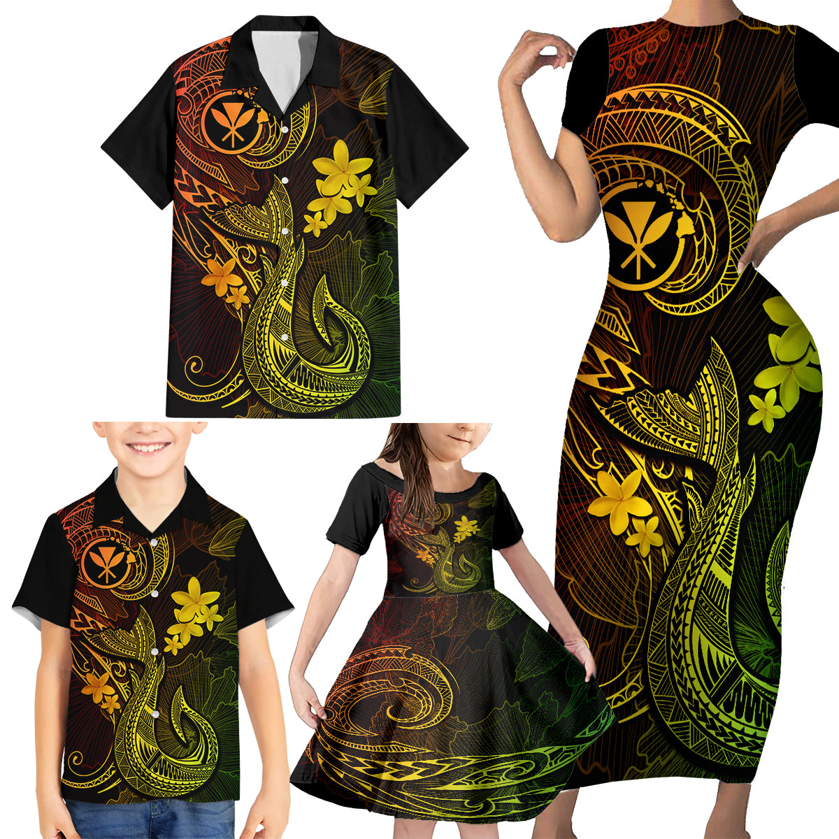 Hawaii Family Matching Short Sleeve Bodycon Dress and Hawaiian Shirt Fish Hook Tattoo Mix Polynesian Plumeria Reggae Version LT14 - Polynesian Pride