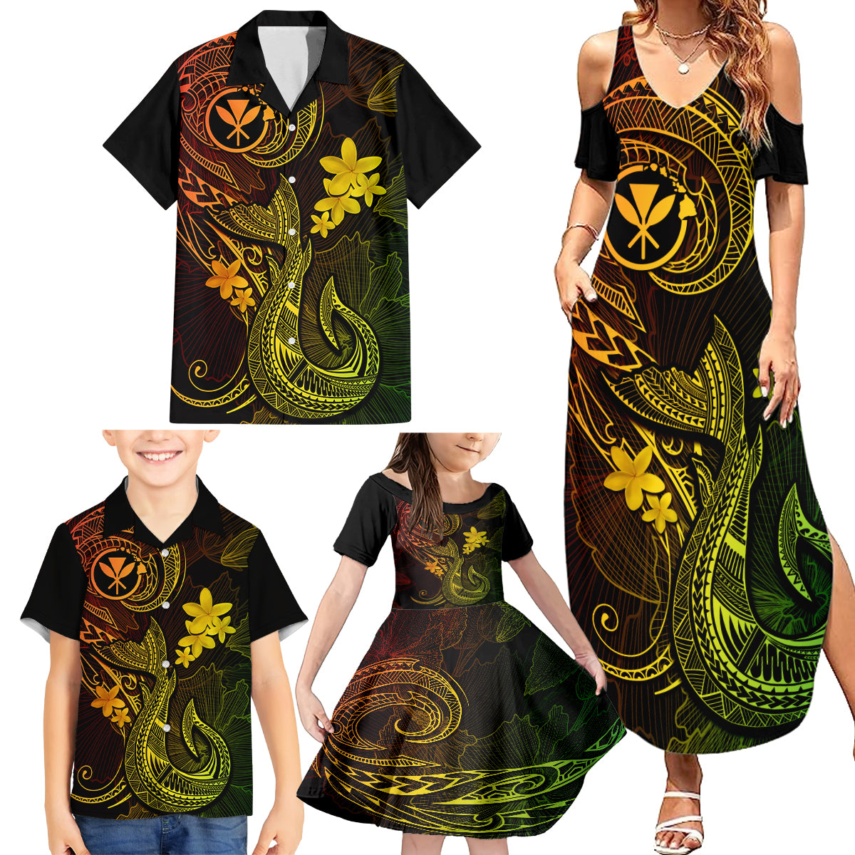 Hawaii Family Matching Summer Maxi Dress and Hawaiian Shirt Fish Hook Tattoo Mix Polynesian Plumeria Reggae Version LT14 - Polynesian Pride