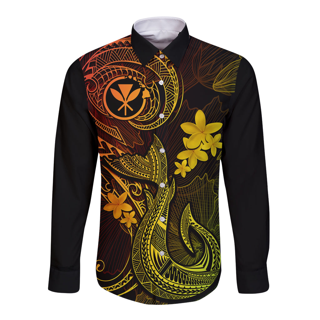 Hawaii Long Sleeve Button Shirt Fish Hook Tattoo Mix Polynesian Plumeria Reggae Version LT14 Unisex Reggae - Polynesian Pride