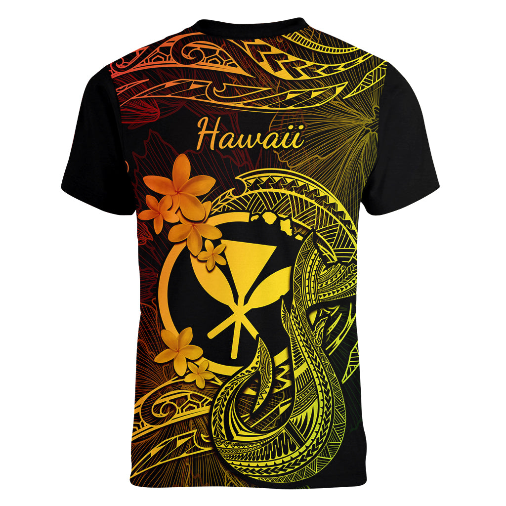 Hawaii Women V Neck T Shirt Fish Hook Tattoo Mix Polynesian Plumeria Reggae Version LT14 - Polynesian Pride