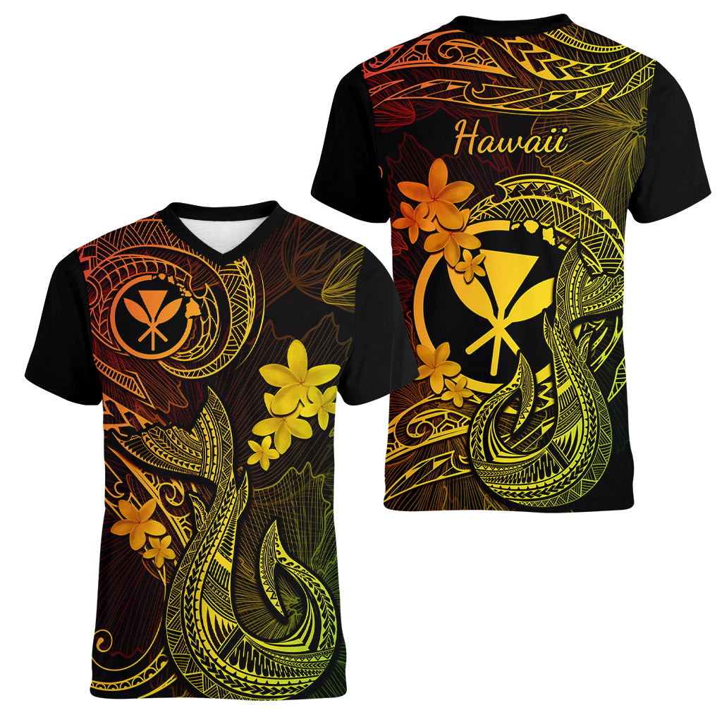 Hawaii Women V Neck T Shirt Fish Hook Tattoo Mix Polynesian Plumeria Reggae Version LT14 - Polynesian Pride