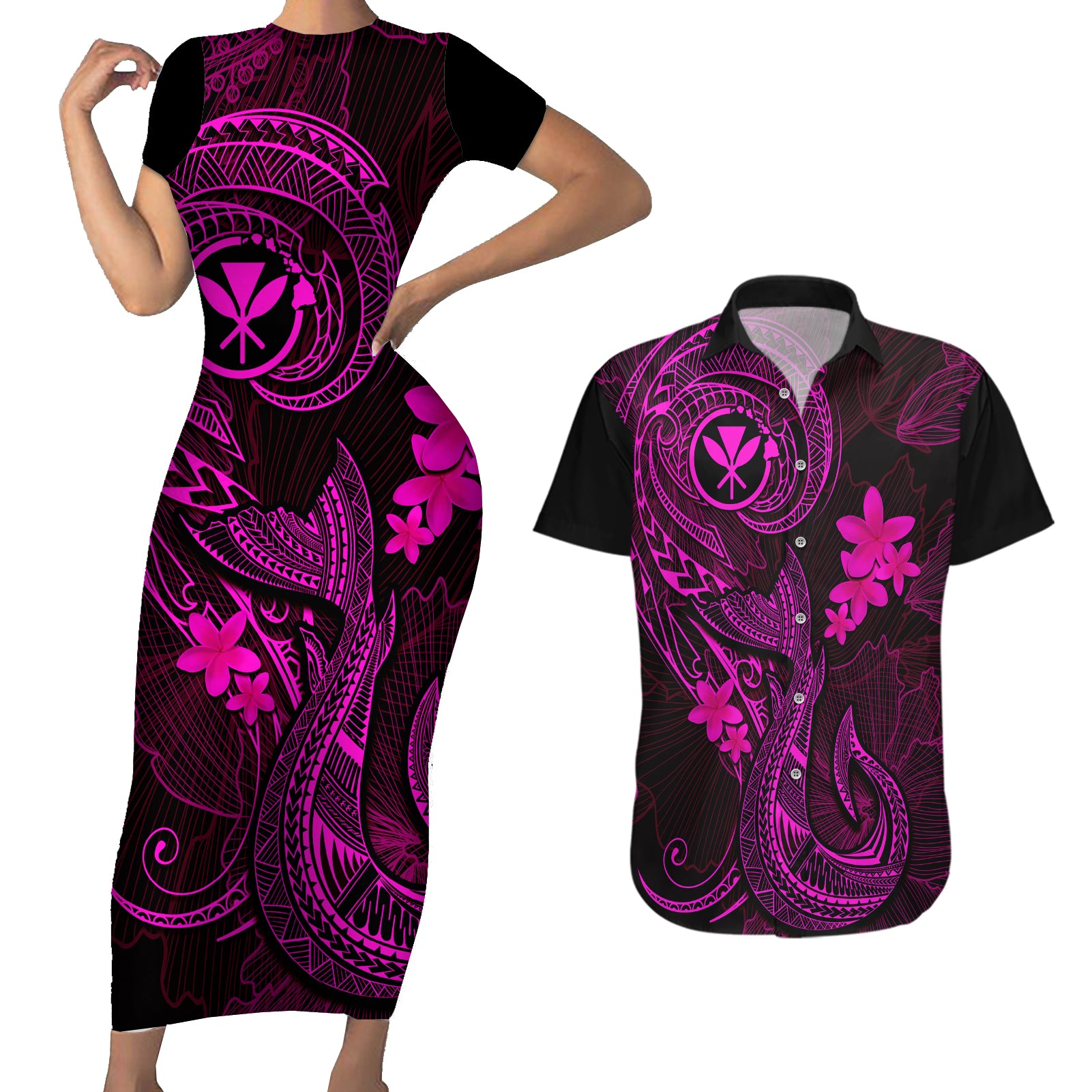 Hawaii Couples Matching Short Sleeve Bodycon Dress and Hawaiian Shirt Fish Hook Tattoo Mix Polynesian Plumeria Pink Version LT14 Pink - Polynesian Pride