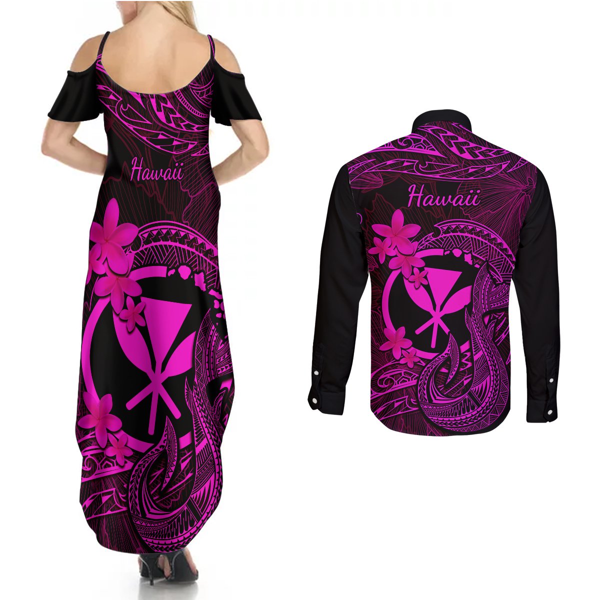 Hawaii Couples Matching Summer Maxi Dress and Long Sleeve Button Shirts Fish Hook Tattoo Mix Polynesian Plumeria Pink Version LT14 - Polynesian Pride