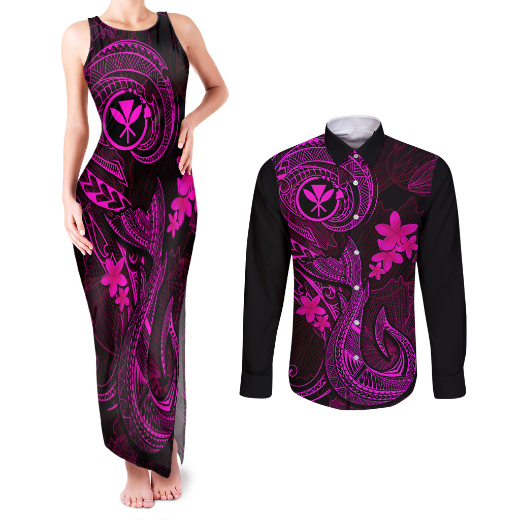 Hawaii Couples Matching Tank Maxi Dress and Long Sleeve Button Shirts Fish Hook Tattoo Mix Polynesian Plumeria Pink Version LT14 Pink - Polynesian Pride