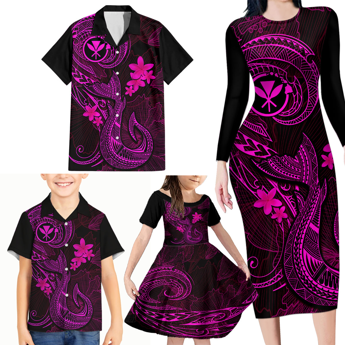 Hawaii Family Matching Long Sleeve Bodycon Dress and Hawaiian Shirt Fish Hook Tattoo Mix Polynesian Plumeria Pink Version LT14 - Polynesian Pride