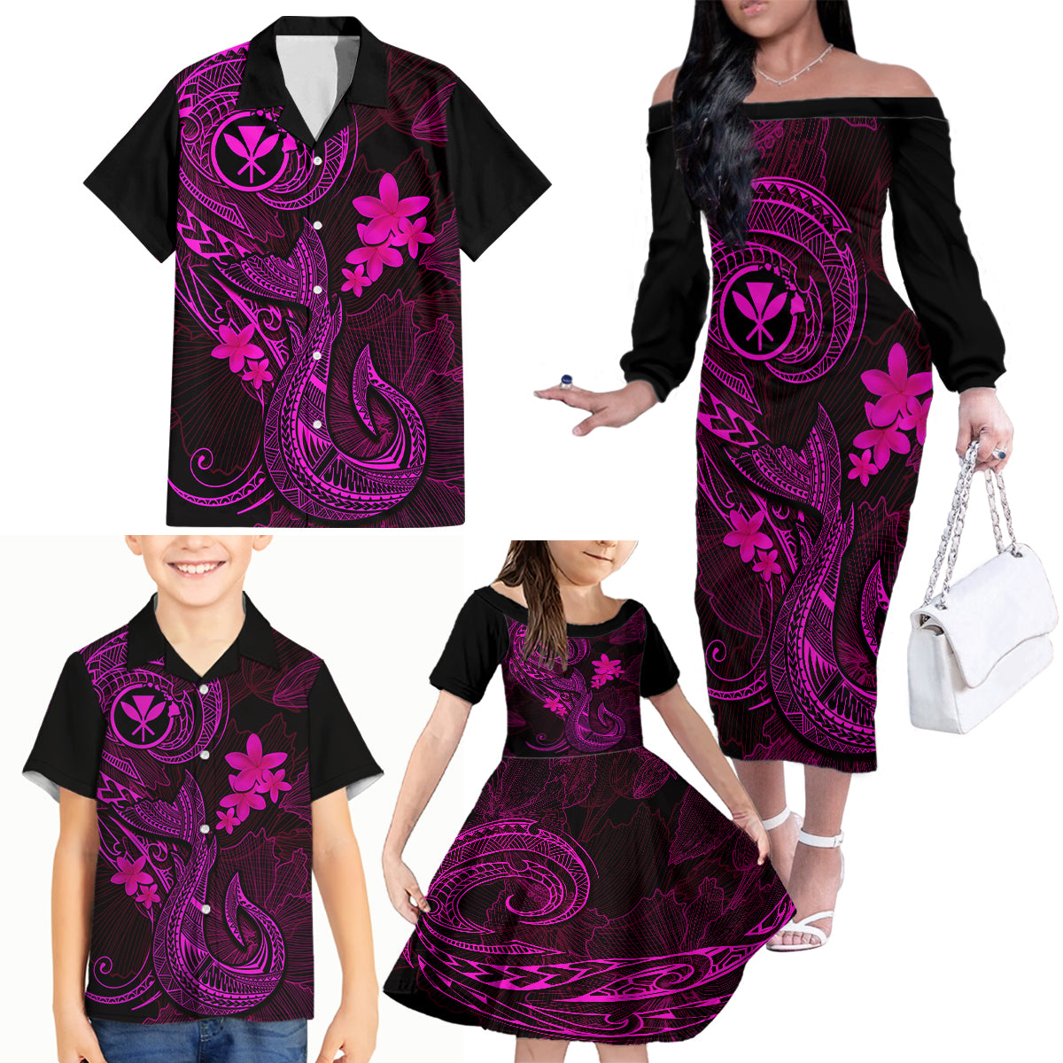 Hawaii Family Matching Off Shoulder Long Sleeve Dress and Hawaiian Shirt Fish Hook Tattoo Mix Polynesian Plumeria Pink Version LT14 - Polynesian Pride