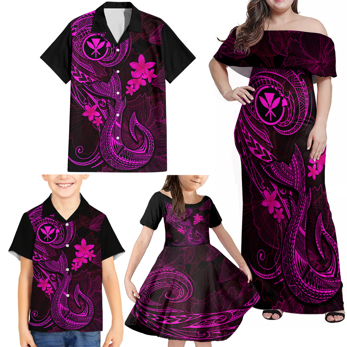 Hawaii Family Matching Off Shoulder Maxi Dress and Hawaiian Shirt Fish Hook Tattoo Mix Polynesian Plumeria Pink Version LT14 - Polynesian Pride