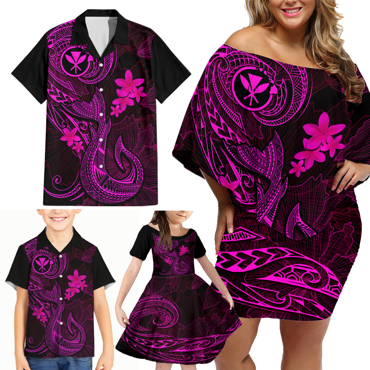 Hawaii Family Matching Off Shoulder Short Dress and Hawaiian Shirt Fish Hook Tattoo Mix Polynesian Plumeria Pink Version LT14 - Polynesian Pride