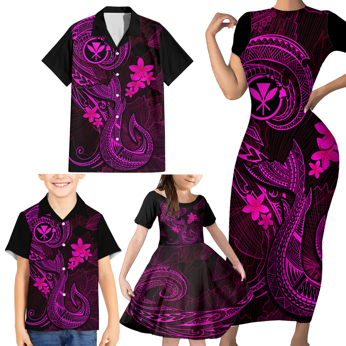 Hawaii Family Matching Short Sleeve Bodycon Dress and Hawaiian Shirt Fish Hook Tattoo Mix Polynesian Plumeria Pink Version LT14 - Polynesian Pride