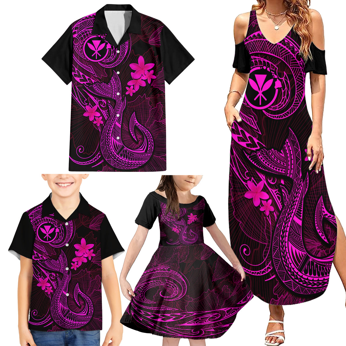 Hawaii Family Matching Summer Maxi Dress and Hawaiian Shirt Fish Hook Tattoo Mix Polynesian Plumeria Pink Version LT14 - Polynesian Pride