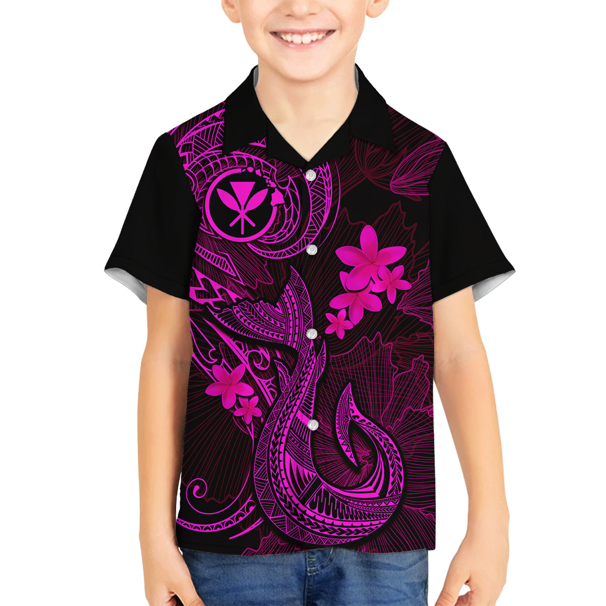 Hawaii Kid Hawaiian Shirt Fish Hook Tattoo Mix Polynesian Plumeria Pink Version LT14 - Polynesian Pride