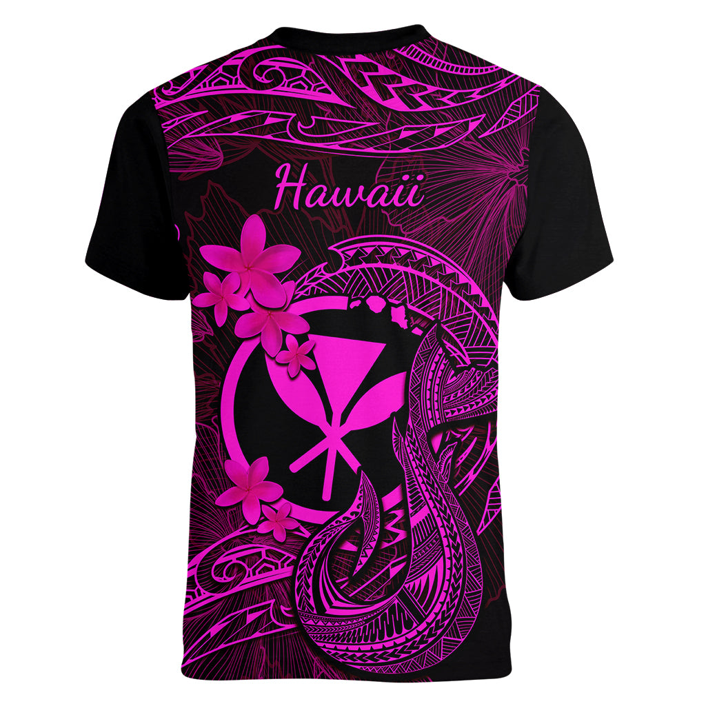 Hawaii Women V Neck T Shirt Fish Hook Tattoo Mix Polynesian Plumeria Pink Version LT14 - Polynesian Pride