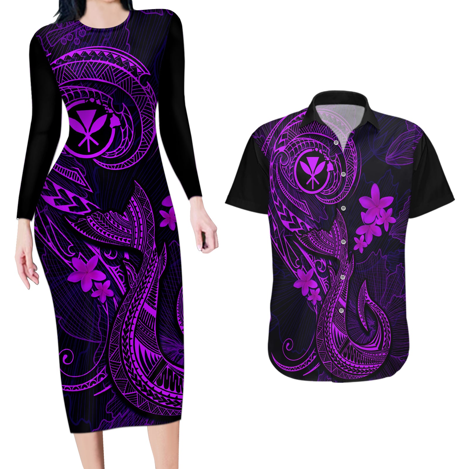 Hawaii Couples Matching Long Sleeve Bodycon Dress and Hawaiian Shirt Fish Hook Tattoo Mix Polynesian Plumeria Purple Version LT14 Purple - Polynesian Pride