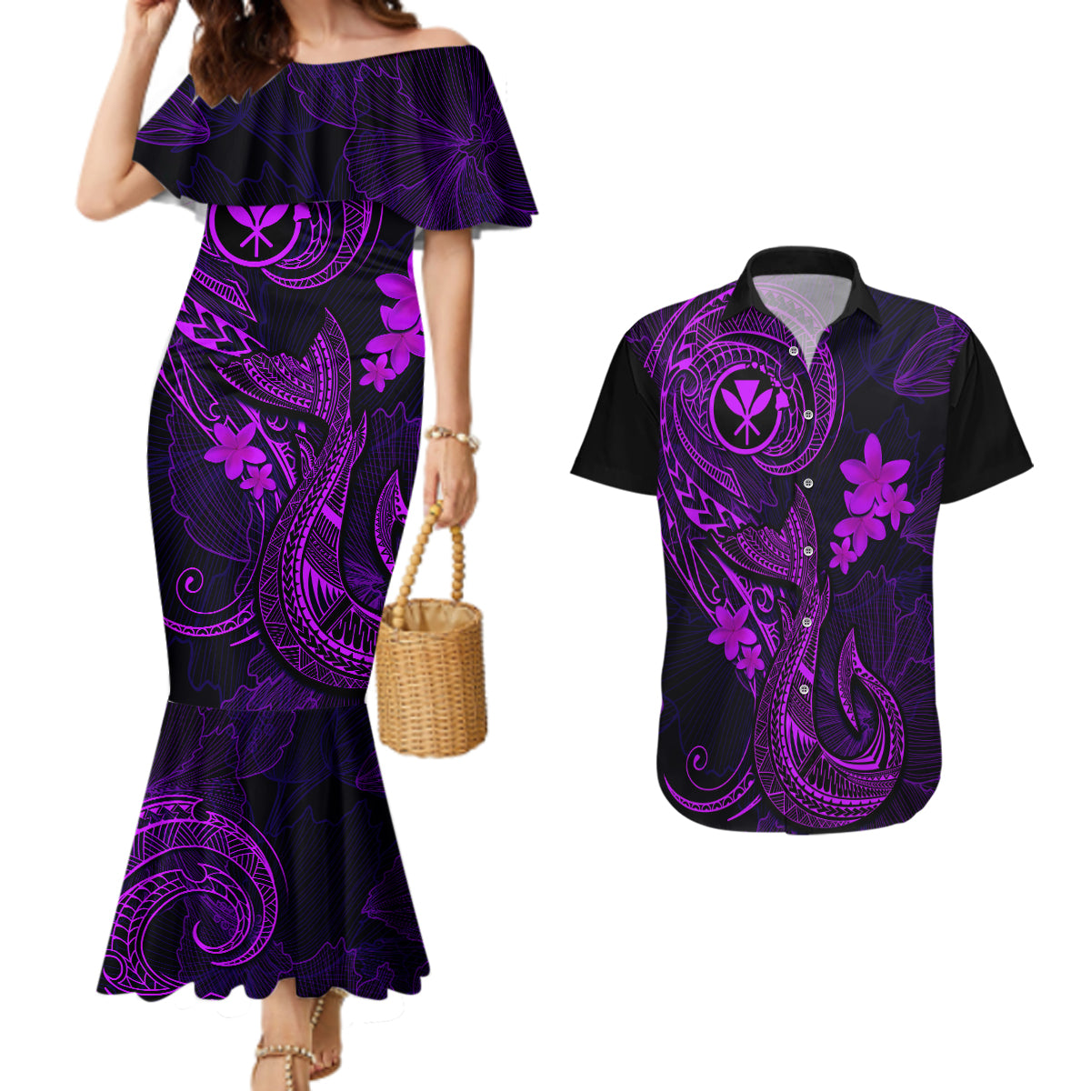 Hawaii Couples Matching Mermaid Dress and Hawaiian Shirt Fish Hook Tattoo Mix Polynesian Plumeria Purple Version LT14 Purple - Polynesian Pride