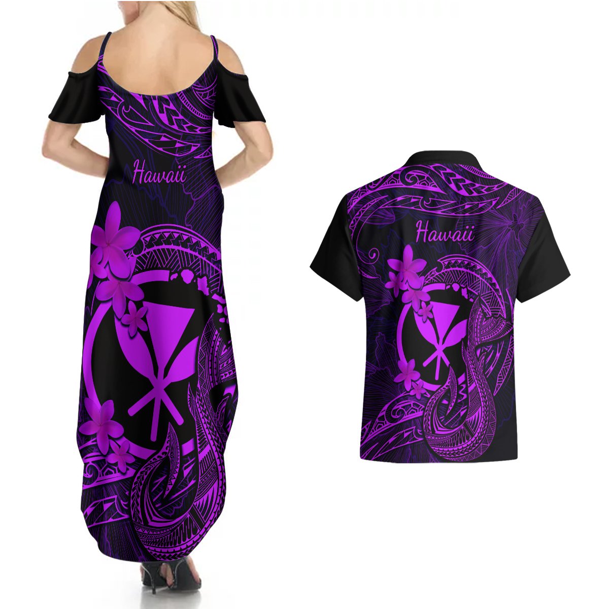 Hawaii Couples Matching Summer Maxi Dress and Hawaiian Shirt Fish Hook Tattoo Mix Polynesian Plumeria Purple Version LT14 - Polynesian Pride