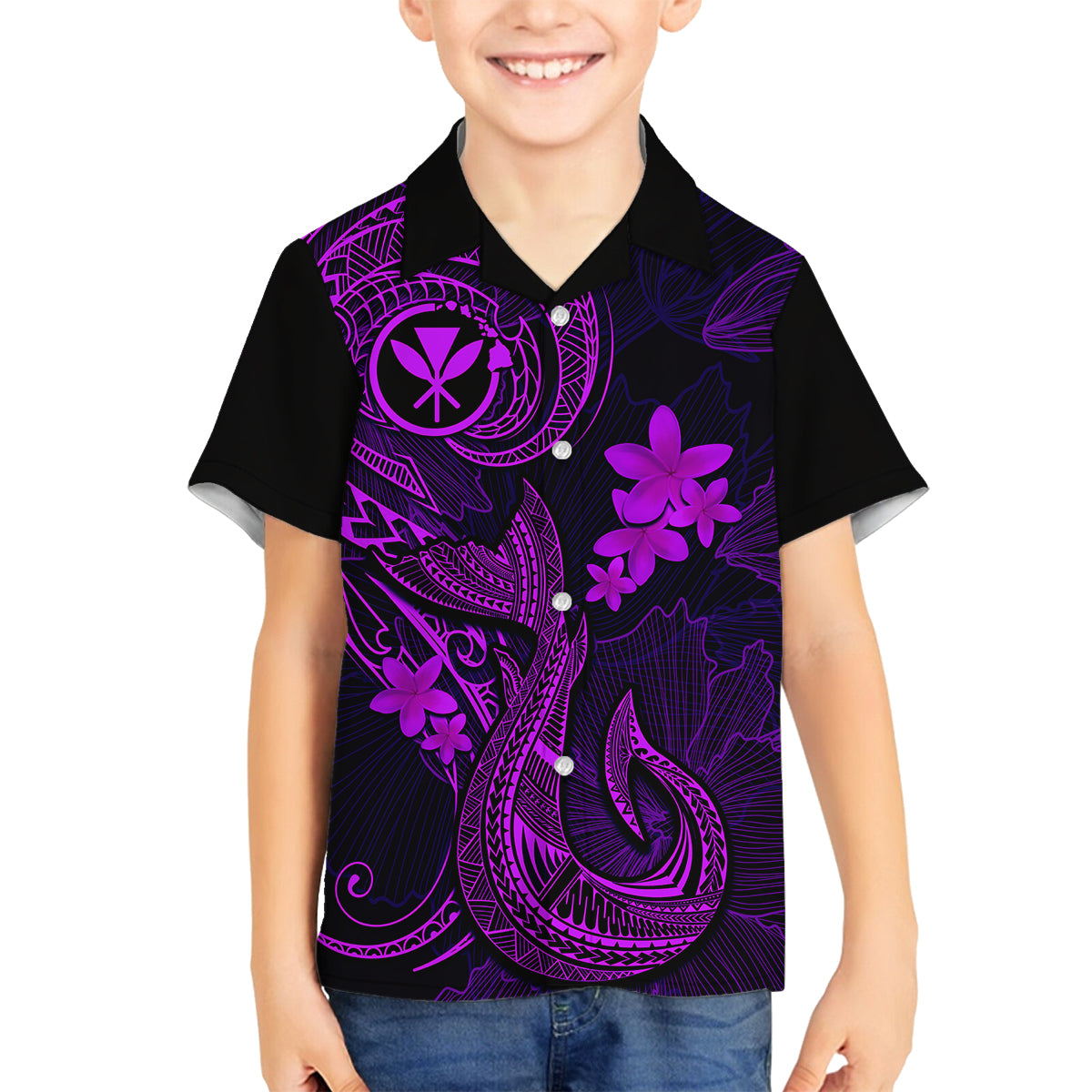 Hawaii Family Matching Off Shoulder Short Dress and Hawaiian Shirt Fish Hook Tattoo Mix Polynesian Plumeria Purple Version LT14 Son's Shirt Purple - Polynesian Pride