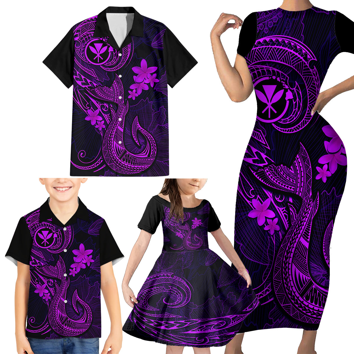 Hawaii Family Matching Short Sleeve Bodycon Dress and Hawaiian Shirt Fish Hook Tattoo Mix Polynesian Plumeria Purple Version LT14 - Polynesian Pride