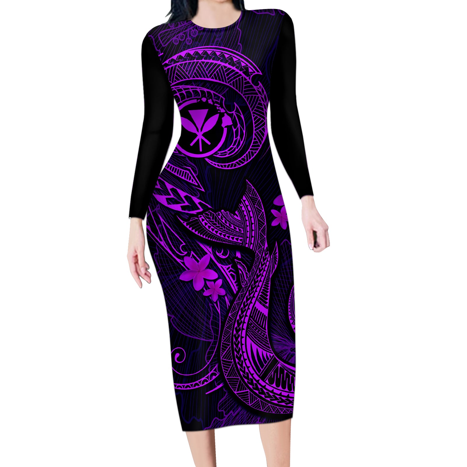 Hawaii Long Sleeve Bodycon Dress Fish Hook Tattoo Mix Polynesian Plumeria Purple Version LT14 Long Dress Purple - Polynesian Pride