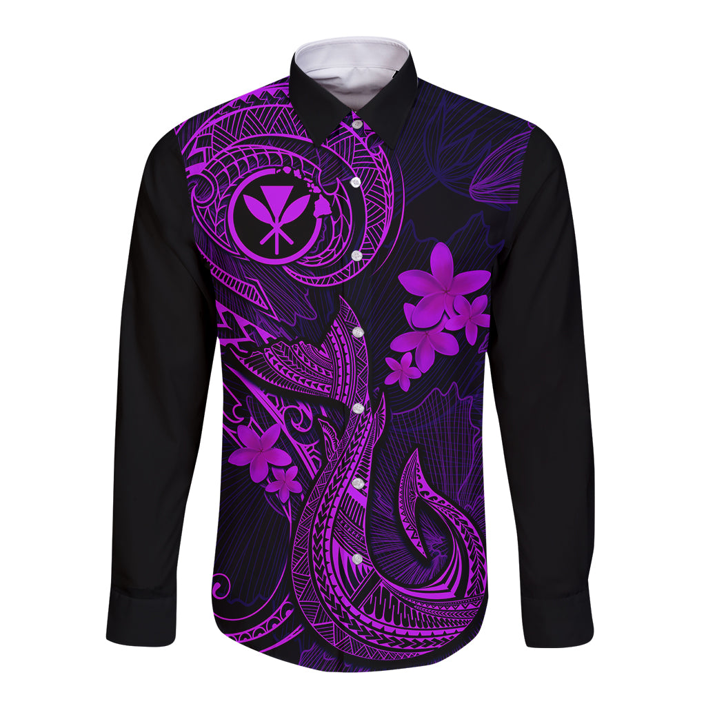 Hawaii Long Sleeve Button Shirt Fish Hook Tattoo Mix Polynesian Plumeria Purple Version LT14 Unisex Purple - Polynesian Pride