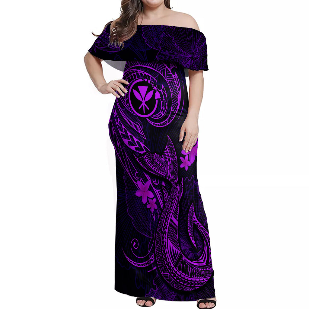 Hawaii Off Shoulder Maxi Dress Fish Hook Tattoo Mix Polynesian Plumeria Purple Version LT14 Women Purple - Polynesian Pride