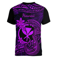 Hawaii Women V Neck T Shirt Fish Hook Tattoo Mix Polynesian Plumeria Purple Version LT14 - Polynesian Pride