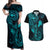 Hawaii Couples Matching Off Shoulder Maxi Dress and Hawaiian Shirt Fish Hook Tattoo Mix Polynesian Plumeria Turquoise Version LT14 Turquoise - Polynesian Pride