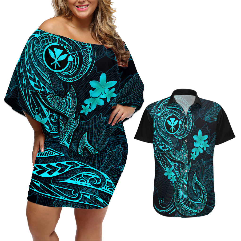 Hawaii Couples Matching Off Shoulder Short Dress and Hawaiian Shirt Fish Hook Tattoo Mix Polynesian Plumeria Turquoise Version LT14 Turquoise - Polynesian Pride