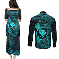 Hawaii Couples Matching Puletasi Dress and Long Sleeve Button Shirts Fish Hook Tattoo Mix Polynesian Plumeria Turquoise Version LT14 - Polynesian Pride