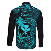 Hawaii Family Matching Long Sleeve Bodycon Dress and Hawaiian Shirt Fish Hook Tattoo Mix Polynesian Plumeria Turquoise Version LT14 - Polynesian Pride