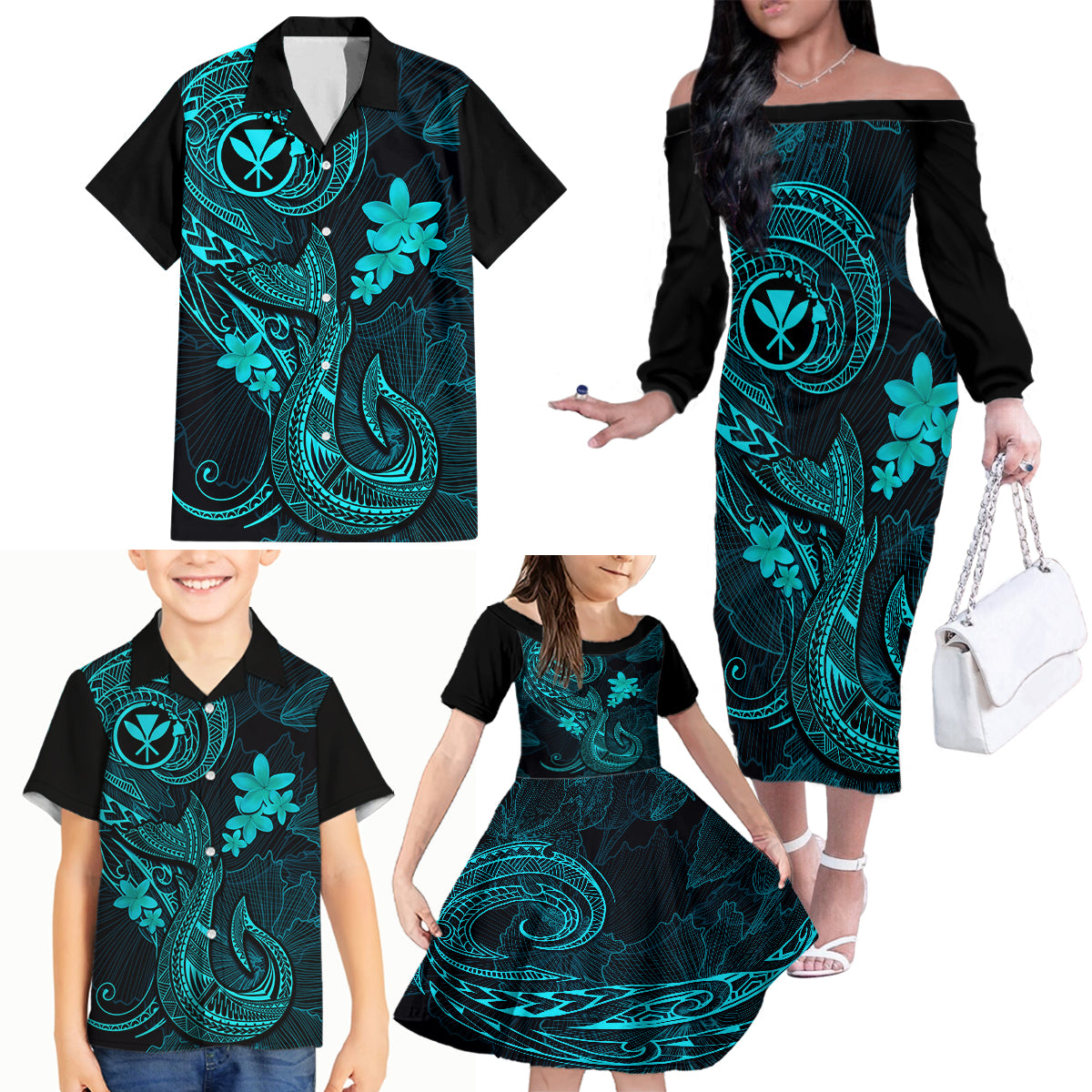 Hawaii Family Matching Off Shoulder Long Sleeve Dress and Hawaiian Shirt Fish Hook Tattoo Mix Polynesian Plumeria Turquoise Version LT14 - Polynesian Pride