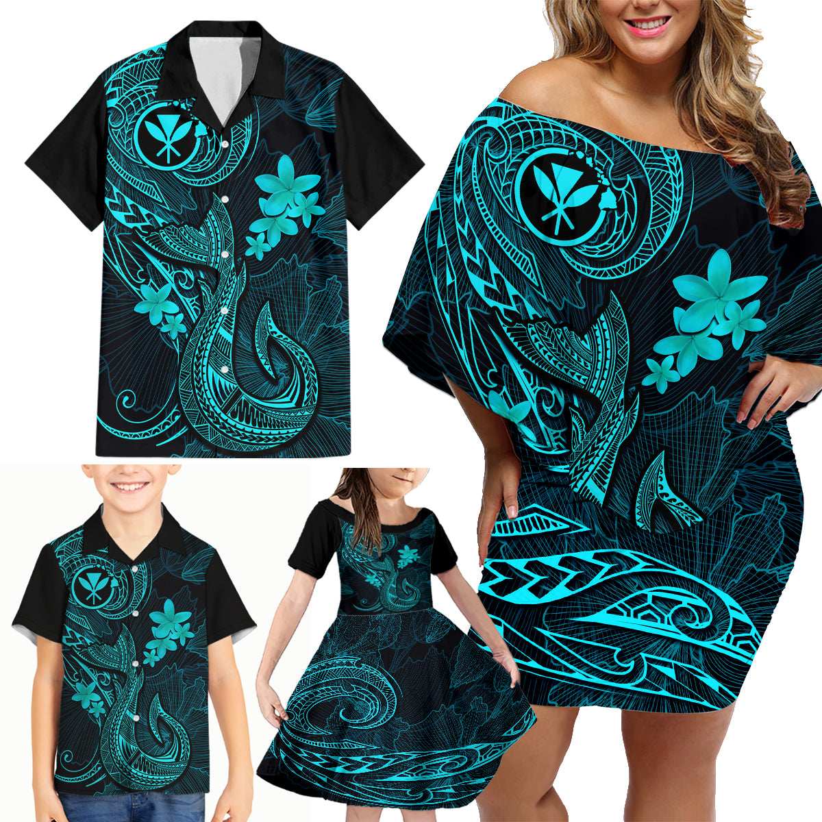 Hawaii Family Matching Off Shoulder Short Dress and Hawaiian Shirt Fish Hook Tattoo Mix Polynesian Plumeria Turquoise Version LT14 - Polynesian Pride