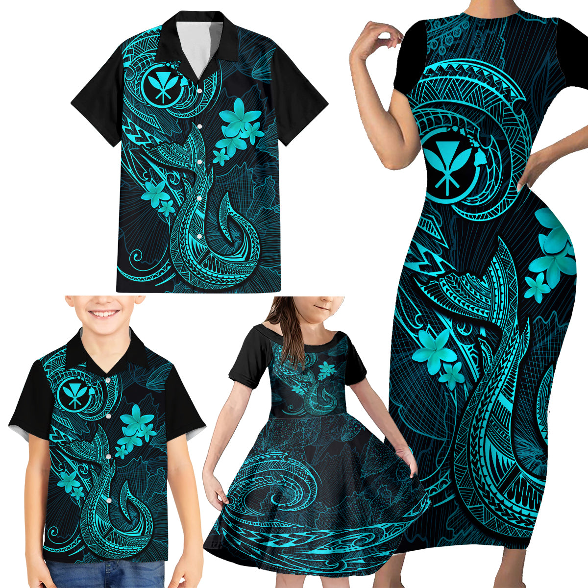 Hawaii Family Matching Short Sleeve Bodycon Dress and Hawaiian Shirt Fish Hook Tattoo Mix Polynesian Plumeria Turquoise Version LT14 - Polynesian Pride