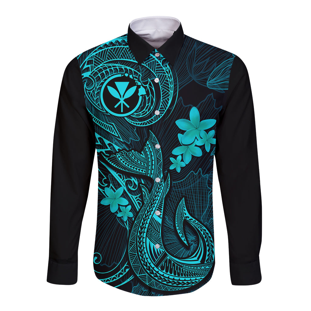 Hawaii Long Sleeve Button Shirt Fish Hook Tattoo Mix Polynesian Plumeria Turquoise Version LT14 Unisex Turquoise - Polynesian Pride