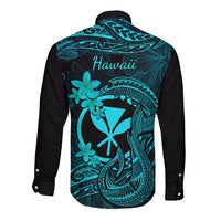 Hawaii Long Sleeve Button Shirt Fish Hook Tattoo Mix Polynesian Plumeria Turquoise Version LT14 - Polynesian Pride
