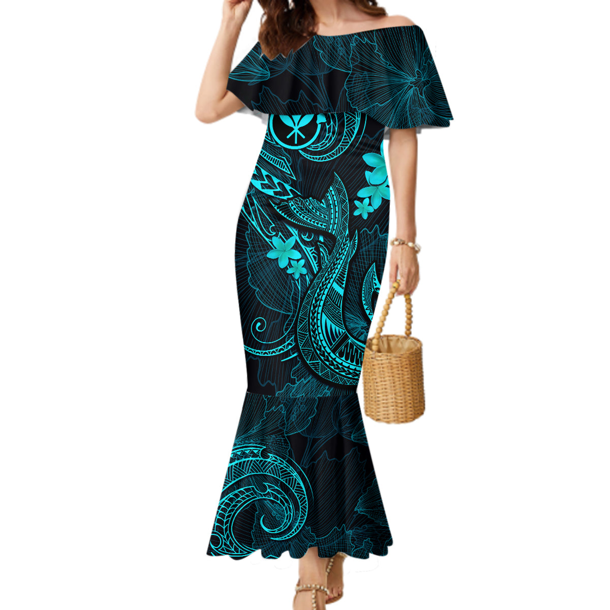 Hawaii Mermaid Dress Fish Hook Tattoo Mix Polynesian Plumeria Turquoise Version LT14 Women Turquoise - Polynesian Pride