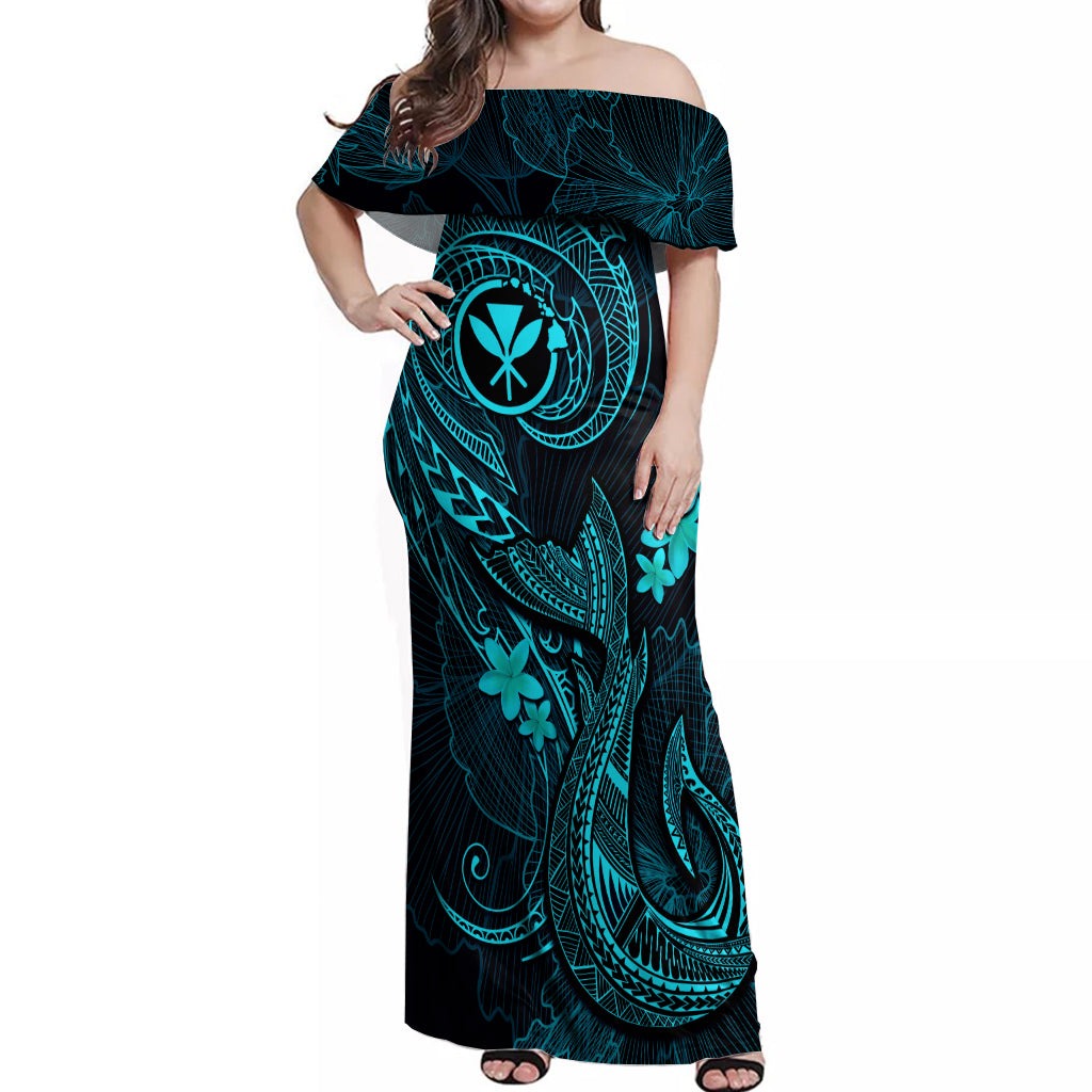 Hawaii Off Shoulder Maxi Dress Fish Hook Tattoo Mix Polynesian Plumeria Turquoise Version LT14 Women Turquoise - Polynesian Pride